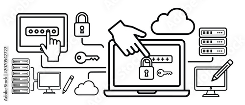 Hand entering password on laptop with security icons, vector illustration