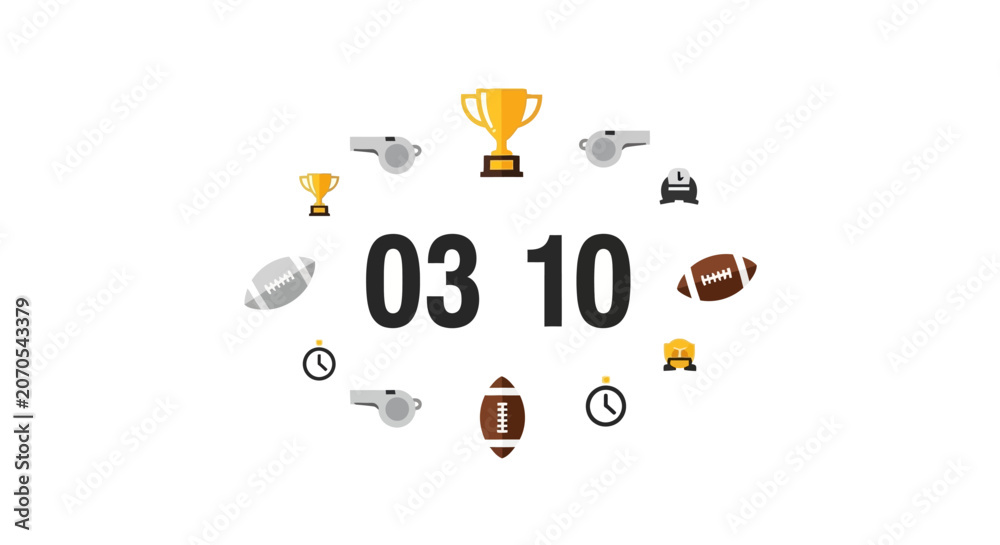 Fototapeta premium Sports Score or Time 03 10 with Trophy Whistle and Football Icons on Isolated White Background