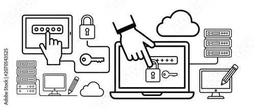 Hand accessing secure laptop with digital security icons, vector illustration