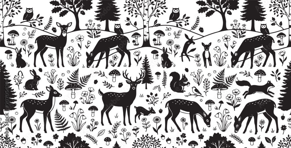Obraz premium Cute Woodland Forest Animals Silhouette Seamless Pattern with Deer Owl Fox and Botanical Flowers Vector Illustration