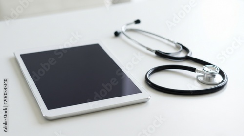Stethoscope on medical clipboard and records in hospital healthcare setting with documents and tools on table