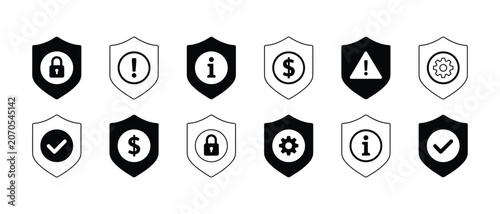 Set of security shield icons with various symbols, vector illustration