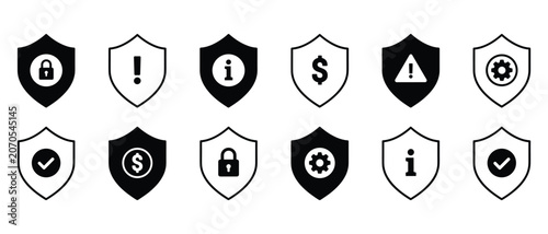 Set of shield icons with various symbols inside, vector illustration