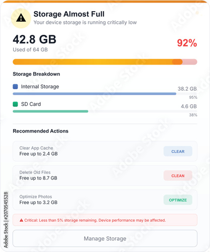 Smartphone storage almost full notification with recommended actions