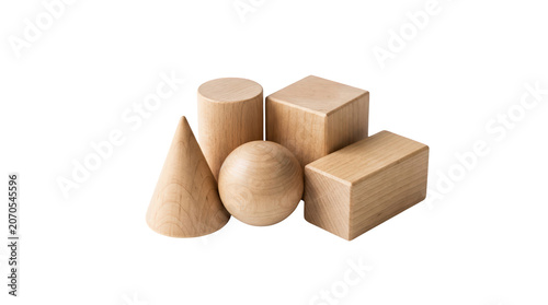 Set of wooden geometric shapes including cone sphere cylinder cube and rectangular prism on transparent background