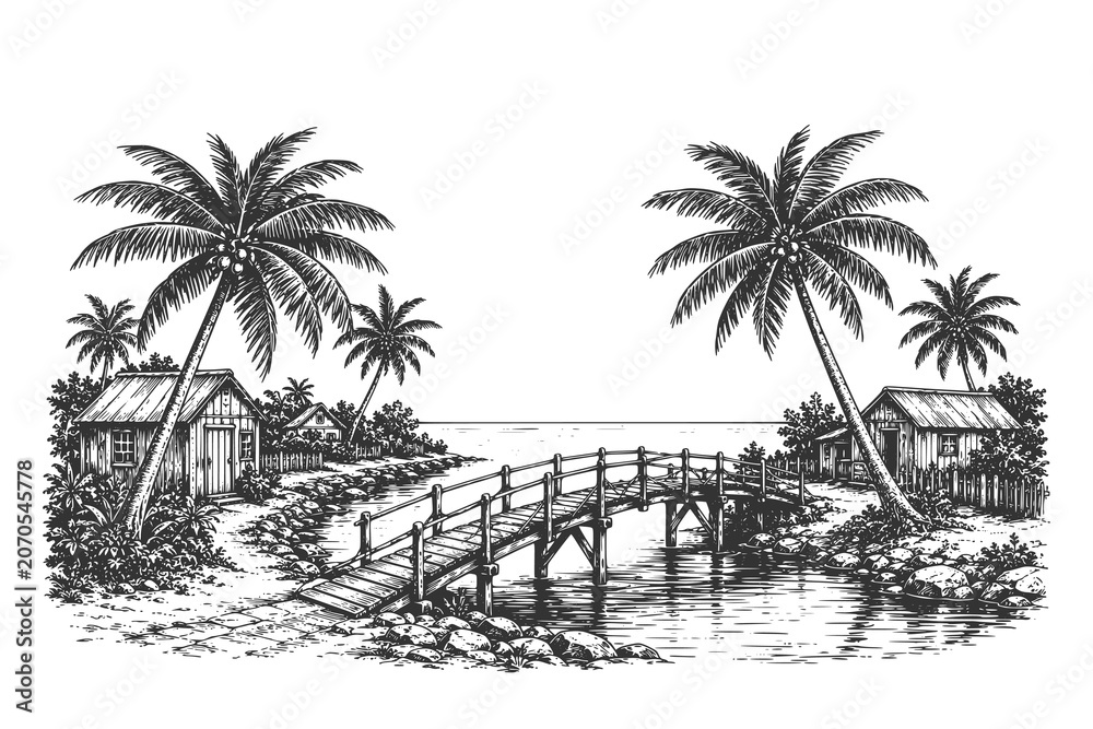 Naklejka premium Vintage engraved tropical bridge vector illustration with palm trees, wooden footbridge, and village huts in a serene coastal landscape