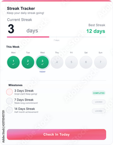 Streak Tracker App Interface with Daily Progress and Milestones