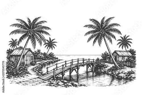Vintage engraved tropical bridge vector illustration with palm trees, wooden footbridge, and village huts in a serene coastal landscape