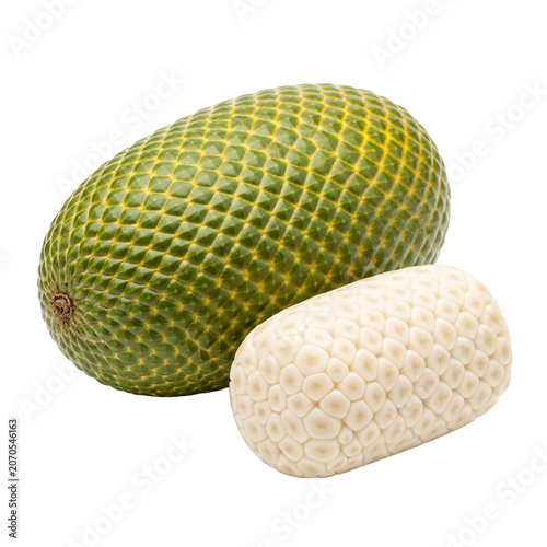 Fresh whole and sliced monstera deliciosa fruit for dessert.