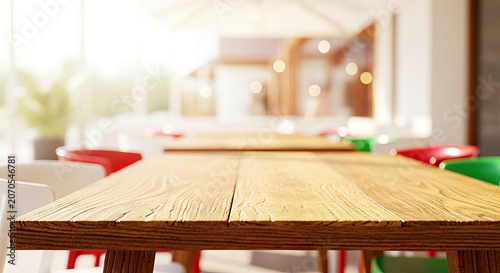 Modern wooden table in bright cafe with colorful chairs  