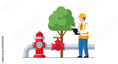 Worker Inspecting Fire Hydrant and Water Valve System