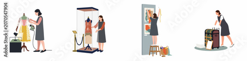 Fotografie Set of illustrations showing female museum curators working with vintage clothing, textiles, and exhibition displays in an art gallery or museum setting
