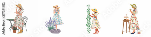Foto Flat illustration set of women in floral dresses and straw hats enjoying afternoon tea in a garden with lavender, trellis, and pastries