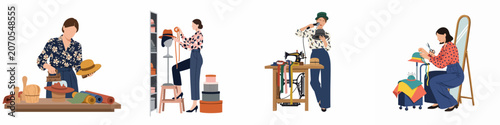 Canvas Print Set of four flat vector illustrations depicting milliners crafting handmade hats using traditional tools, sewing machines, and vintage techniques in their workshop