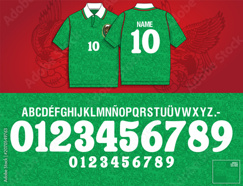 mexico font, mexico soccer, Vintage inspired sports lettering system with bold rounded numbers and alphabet characters. Vector typography created for apparel graphics, textile applications