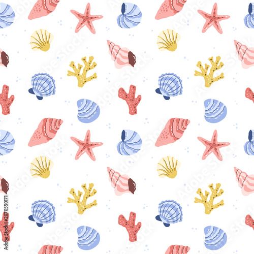 Sea shells pattern starfish and corals. Marine underwater summer background. Hand drawn vector illustration in simple naive style