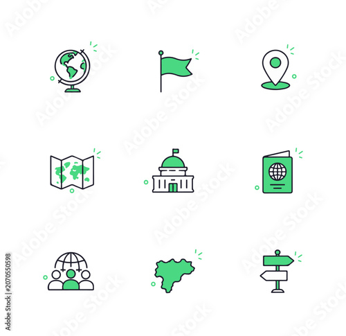 Eco Friendly Travel and Tourism Icons Set with Global Landmarks and Nature Elements