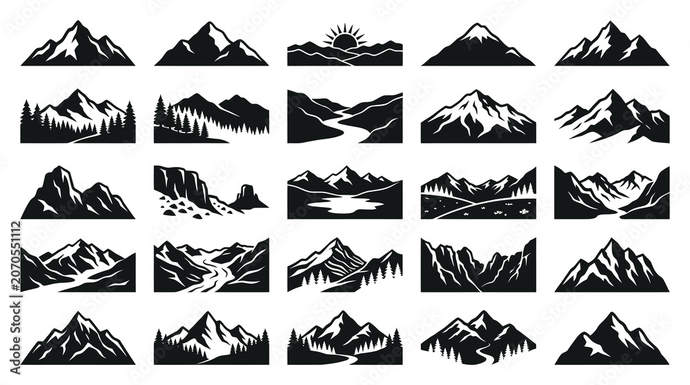 Fototapeta premium Outdoor Adventure Mountain Peaks and Nature Landscapes Silhouette Vector Icon Collection for Travel and Geography