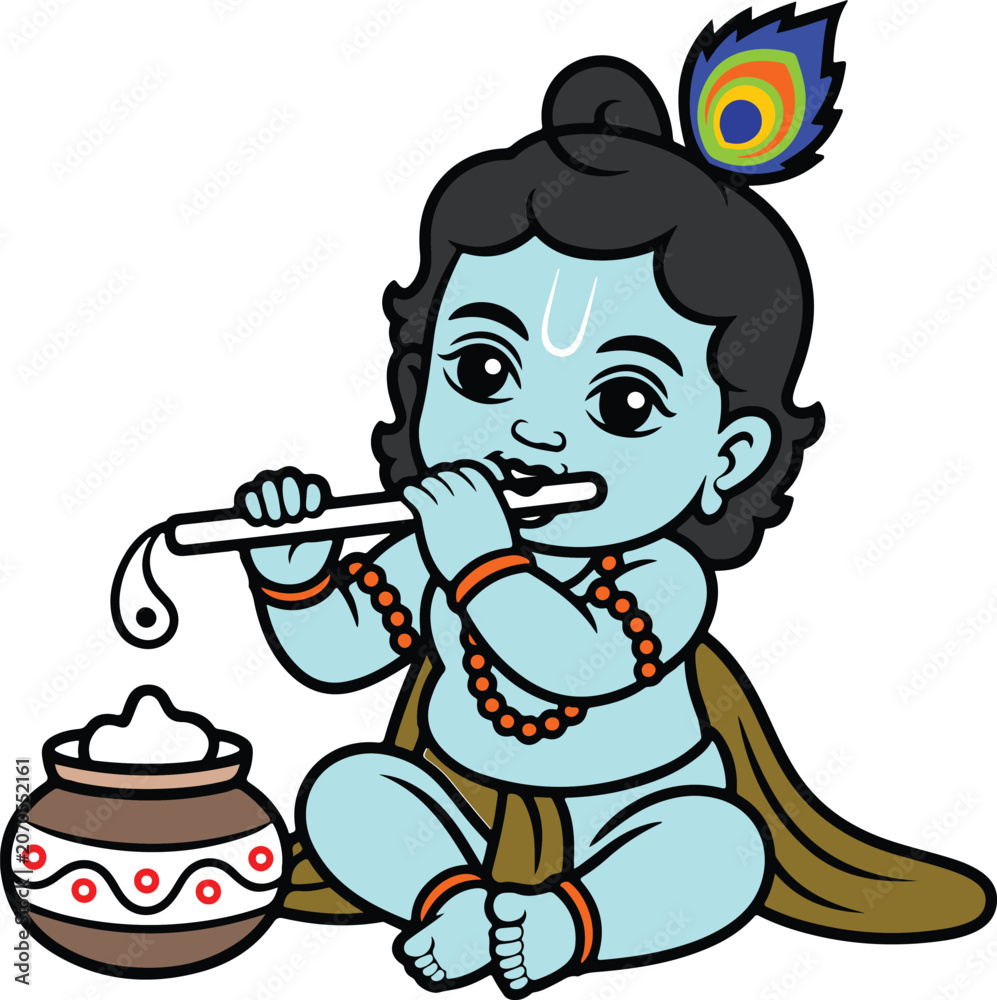 Naklejka premium Baby Krishna Playing Flute Illustration