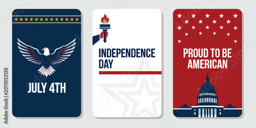 Bild auf Leinwand American Independence Day Celebration Cards: Three distinct cards commemorate American Independence Day, featuring iconic symbols like an eagle, a torch, the Capitol building, stars