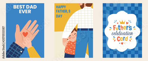 Foto Father's Day Celebration Cards: A triptych showcasing heartwarming Father's Day designs, featuring touching illustrations of father-child bonding, affectionate gestures