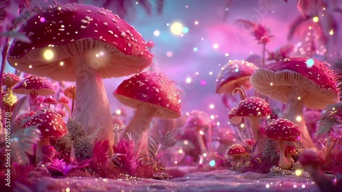 Fantasy, mysterious, wallpaper. A vivid, fantastical depiction of a magical forest scene. A group of large, pink mushrooms with white spots are the main subject.