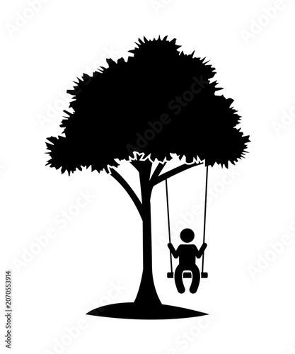 Stick figure person playing on a tree swing silhouette icon. cartoon stickman illustration.