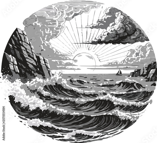 Vintage Ocean Sunrise Seascape Engraving Vector Illustrationn Vector Clip Art.
Vector illustration eps-10