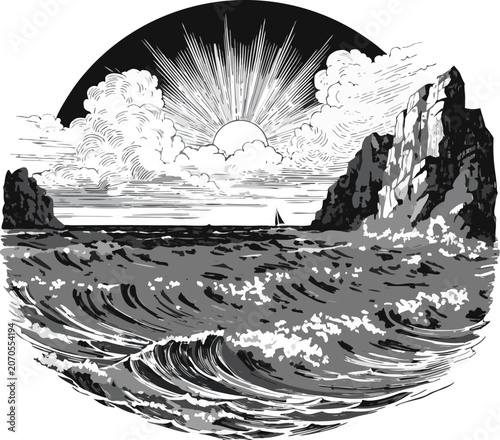 Vintage Ocean Sunrise Seascape Engraving Vector Illustrationn Vector Clip Art.
Vector illustration eps-10