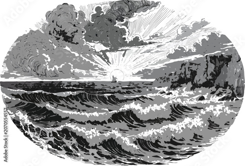 Vintage Ocean Sunrise Seascape Engraving Vector Illustrationn Vector Clip Art.
Vector illustration eps-10