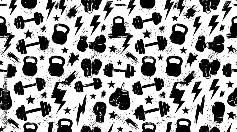 Fototapeta premium Fitness and boxing gym equipment seamless pattern in grunge style