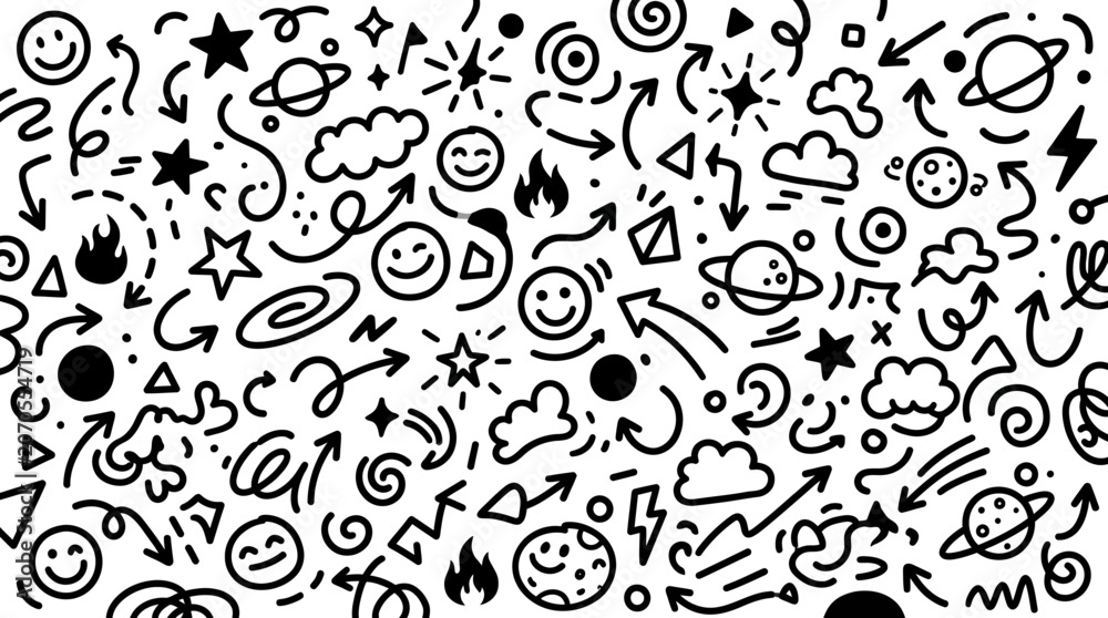 Fototapeta premium Playful hand drawn doodle elements with arrows stars and smiley faces