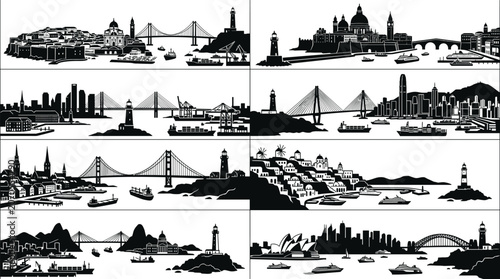 Schilderij op canvas Set of coastal city skyline silhouettes with famous bridges lighthouses and mari