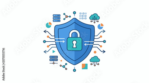 A blue shield with a padlock surrounded by various digital security symbols