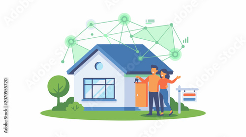 A cartoon couple stands beside a house with an open door and a sign