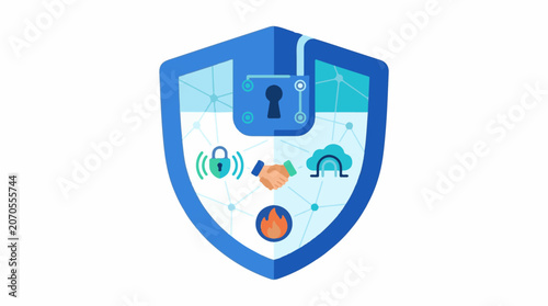 A blue shield with various icons representing security and protection on a white background