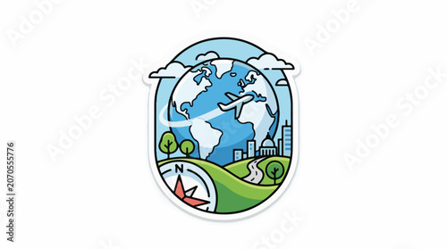 A cartoon globe with a plane flying around it, a cityscape and green landscape below