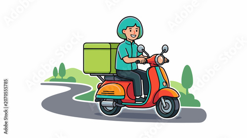 A cartoon person in a teal helmet and shirt rides an orange scooter