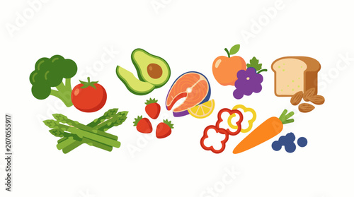 A colorful digital illustration of various fresh fruits and vegetables with bread and fish