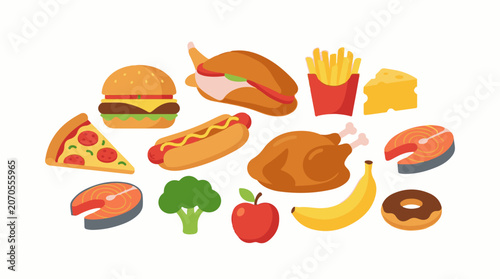 A colorful illustration featuring various foods