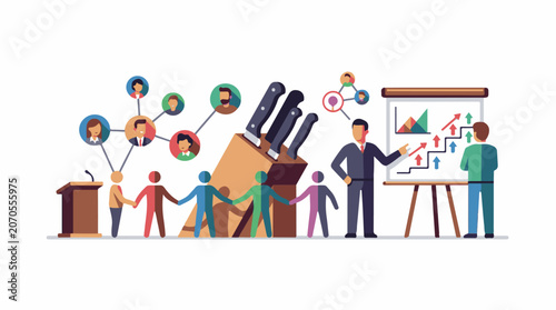 A colorful illustration depicts businesspeople networking and presenting data