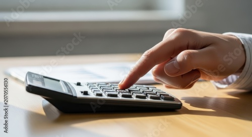 Close-up of a human hand pressing buttons on a calculator for financial calculations and accounting tasks on a wooden desk.