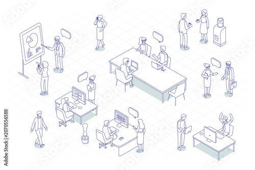 Isometric office people scenes with conference table and dashboard work