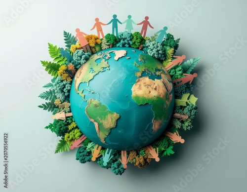 Earth surrounded by diverse leaves and people.