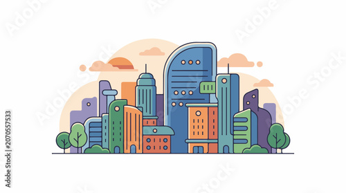 Colorful cityscape with modern buildings and trees (1)