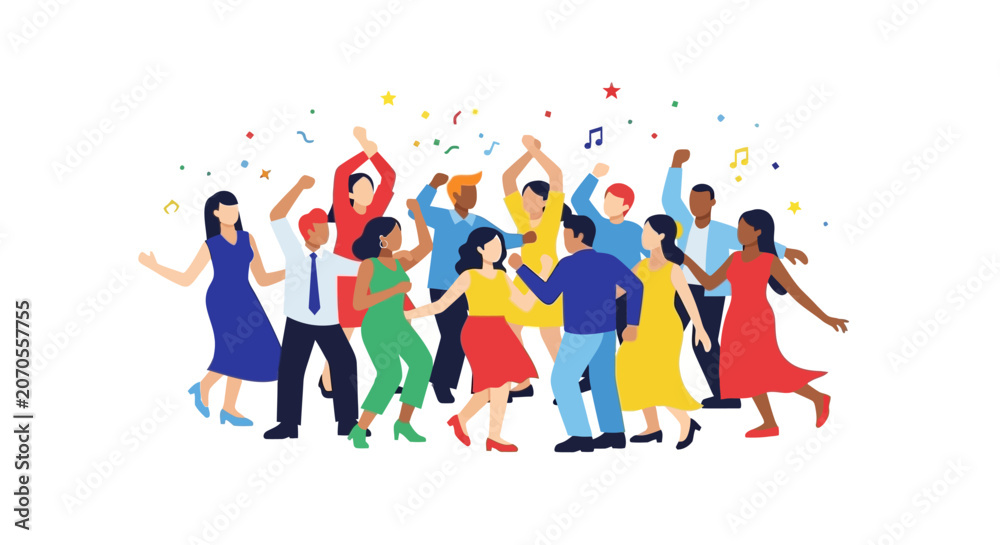 Fototapeta premium Diverse group of people dancing and celebrating, confetti and music notes