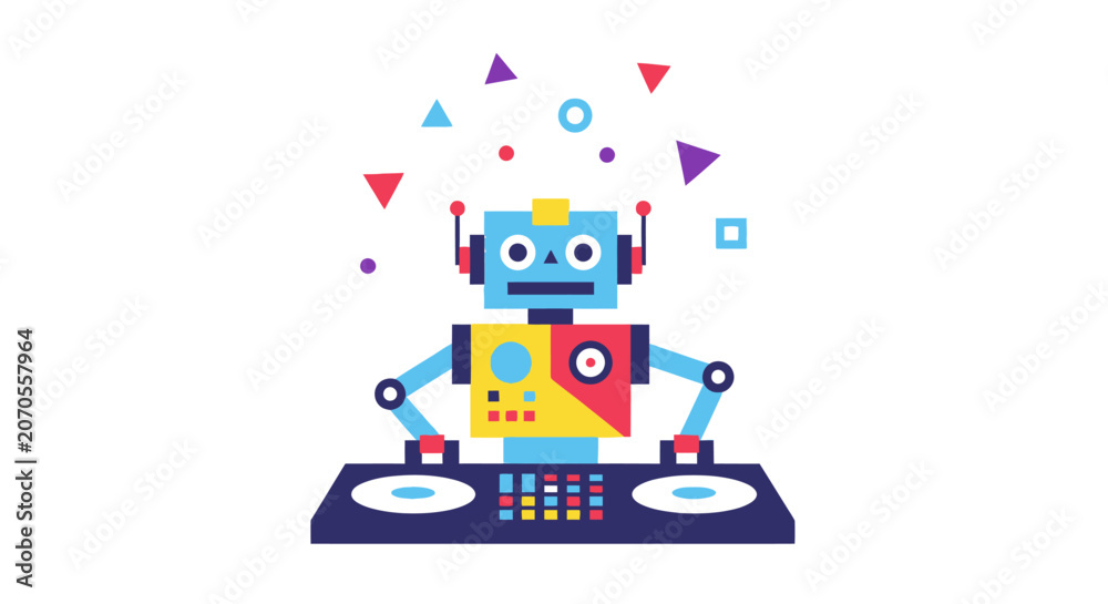Naklejka premium Fun Robot DJ Playing Music with Geometric Shapes and Party Lights