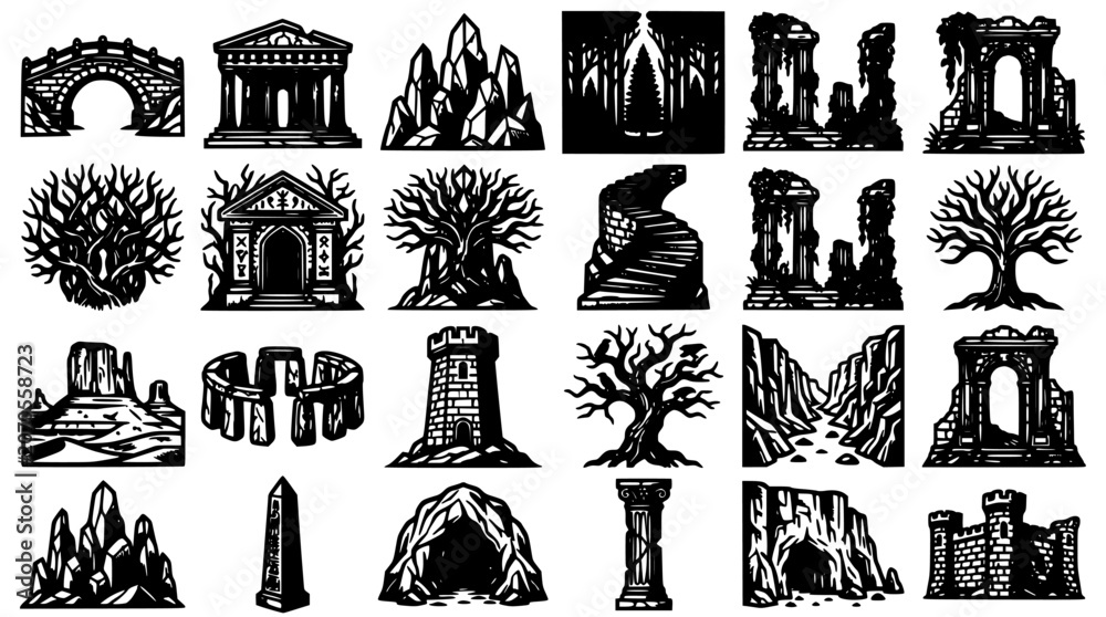 Fototapeta premium Monument Landmarks Collection Icons with Gothic, Classical, Tree, Lighthouse, and Volcano Silhouettes for Travel Concept Design