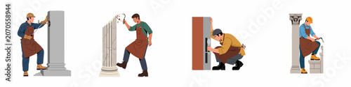 Φωτογραφία Professional stonemasons and sculptors at work carving architectural columns and stone blocks with hand tools, set of vector illustrations on white background