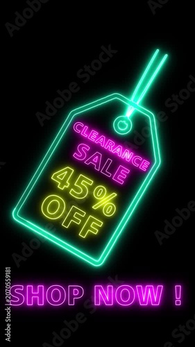Neon clearance sale tag with discount 45% offer shines bright on dark background now